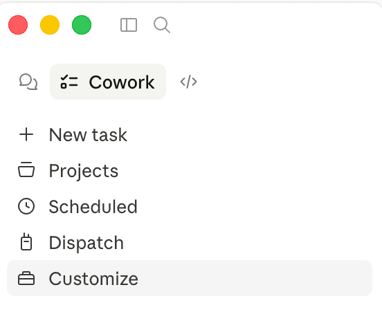 Cowork sidebar showing Customize option