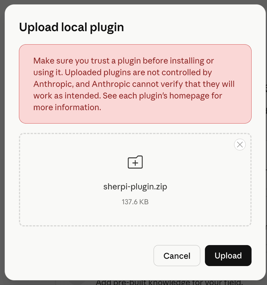Upload dialog with sherpi-plugin.zip selected