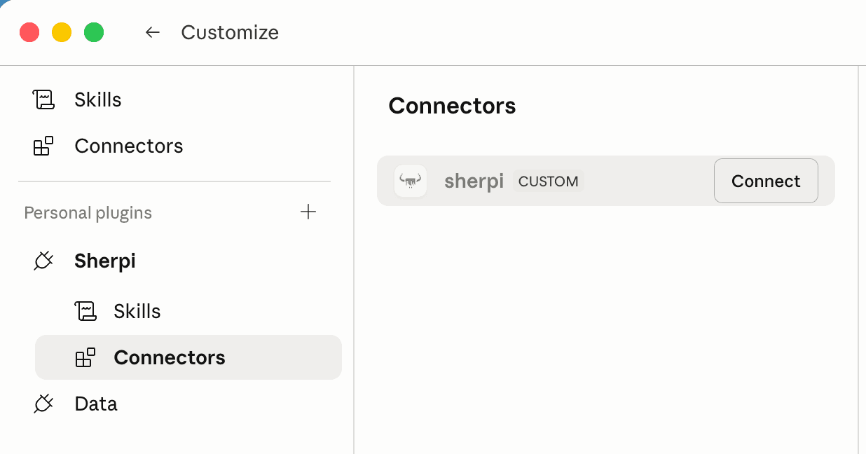 Connectors page showing sherpi connector with Connect button